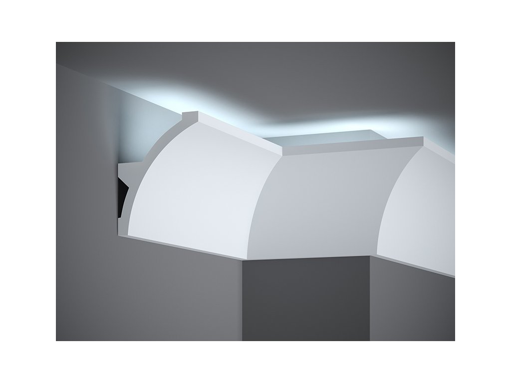 STROPNÍ LIŠTA MDB101 pro LED. Cena za 2,4m. Šířka(strop):106mm. Výška(zeď):140mm